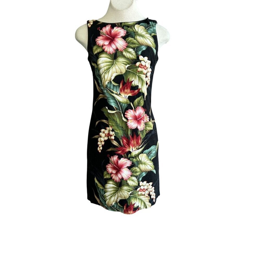Iolani Made in Hawaii Black Hibiscus Floral Fitted Sheath Dress Size Small